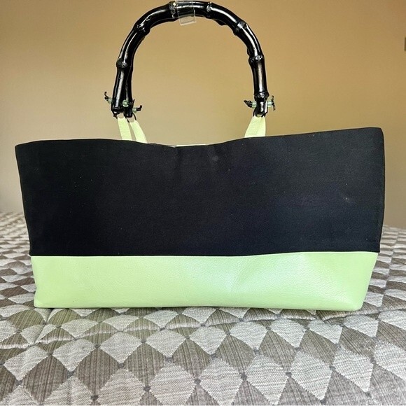 Bobo Bags Handcrafted in Denver Lime Green & Black Handbag Purse Bamboo Handles - Picture 5 of 15
